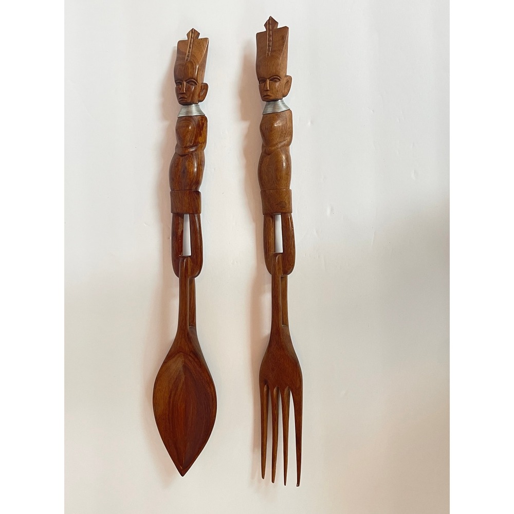 Vintage African Hand Carved Wood Salad Servers Set Kenya Tribal Figure 15.5 Inch